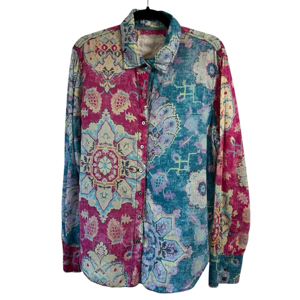 Cino Sundance Boho Floral Damask Button Down Roll-tab Shirt India Patchwork W XL